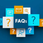 3D render of top view of FAQs business concept with symbols on colorful cubes on dark blue background